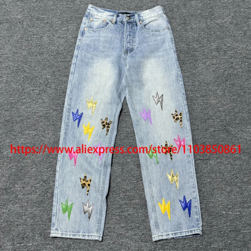 

Streetwear High Quality Lightning Jeans Retro Washing Trend Casual Patchwork Pattern Multicolor Lightning Straight-leg Pants