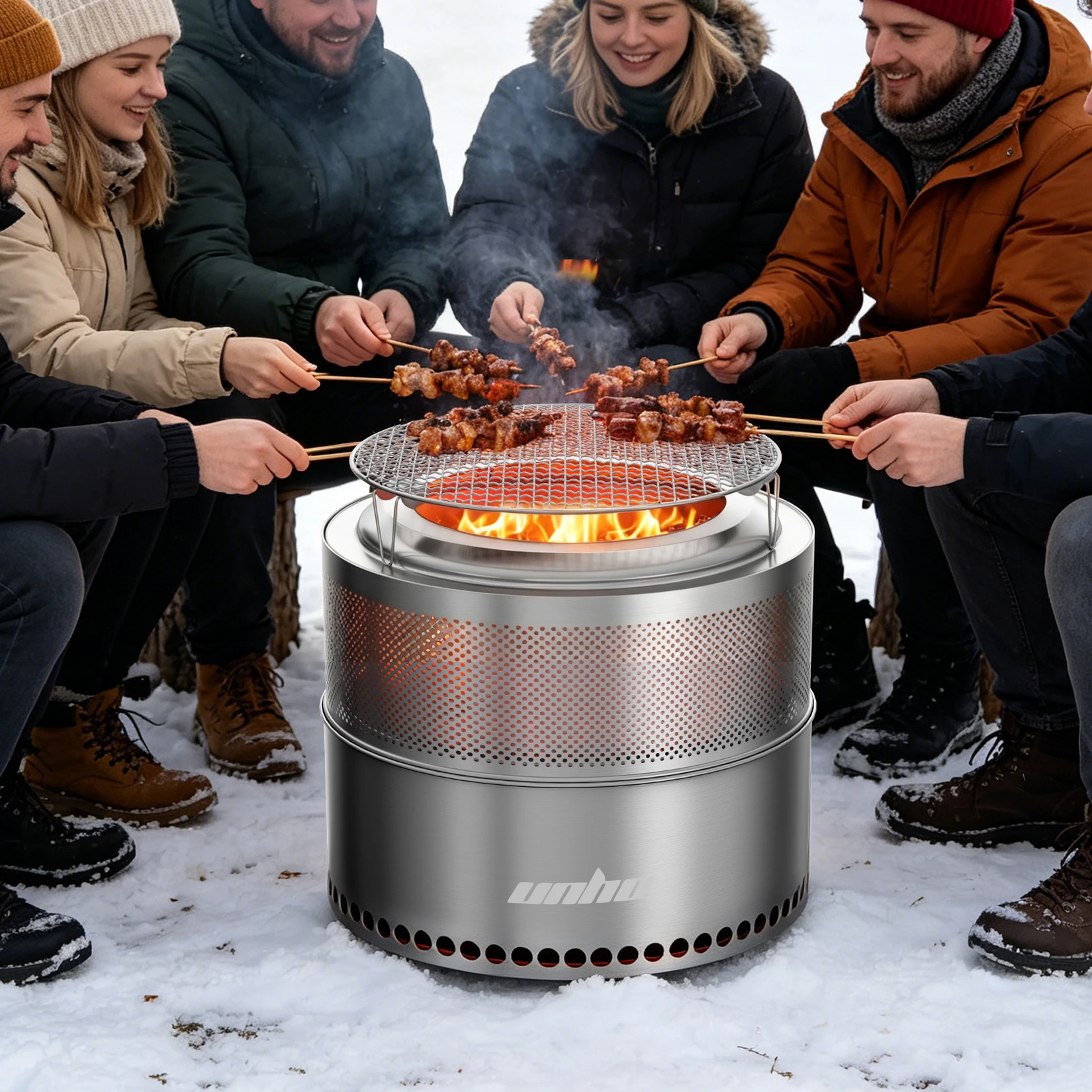 50 CM Smokeless Fire Pit with Grill Grate, Portable Stainless Steel Wood Burning Bonfire Stove, Efficient Combustion System, Detachable Ash Tray & Carry Bag for Backyard, Camping, Garden