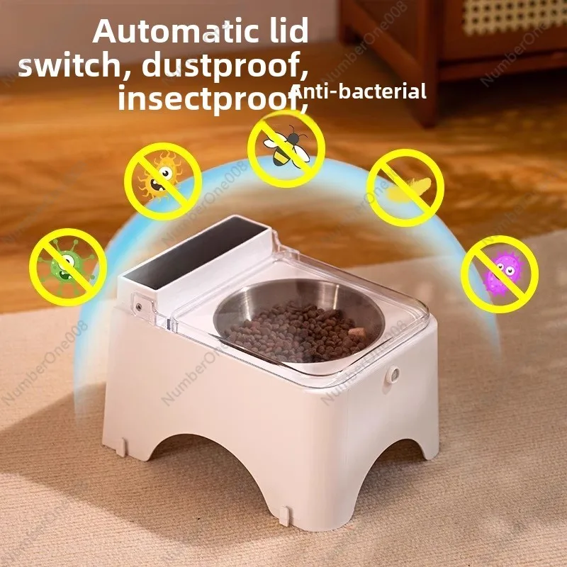 Automatic Smart Cat Food Bowl with Lid, Elevated Ceramic & Stainless Steel Feeder, Anti-Spill Dustproof Pet Dish