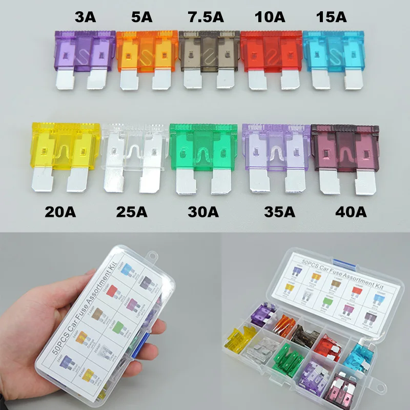 

50pcs Car Truck Blade Fuses 3A 5A 7.5A 10A 15A 20A 25A 30A 35A 40A AMP medium Size Fuse Plastic Box Assortment