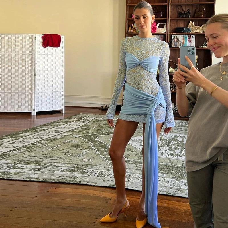 Sukienka damska zimowa luksusowa koronkowa satynowa jedwabna patchworkowa seksowna bandażowa podkreślająca biodra sukienka damska niebieska czarna na festiwal, kolację, bankiety