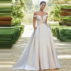 Flavinke Customized Pleat Satin Sweetheart Wedding Dresses Women Off The Shoulder Vestido De Novia Bridal Gown With Pockets