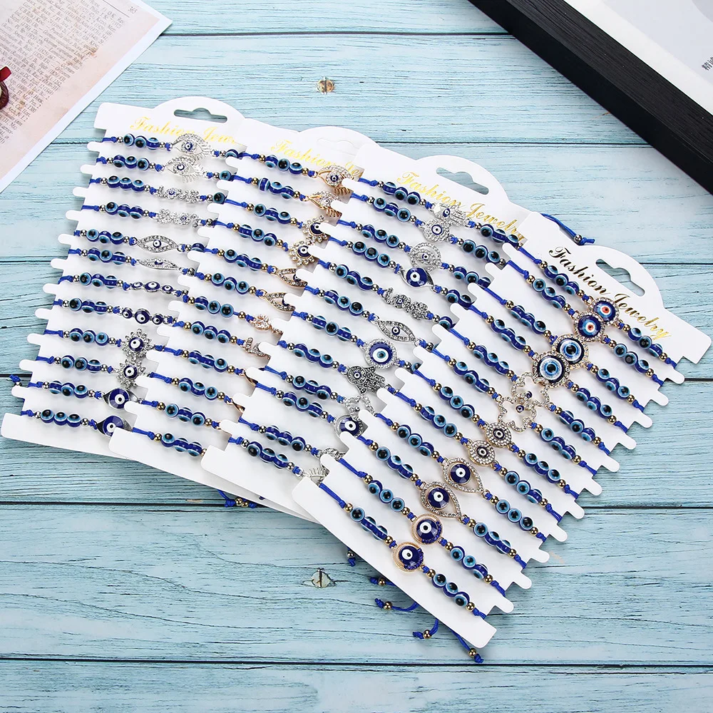 12Pcs/card Fashion Simple Retro Geometric Sapphire Blue Beaded Devil's Eye Series Hand-Woven Bracelet Women