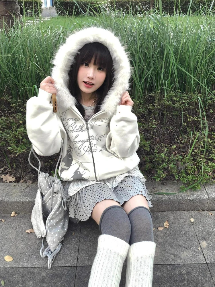 Y2K Japanese Kawai Faxu Fur Ho - đánh giá và giá Embroidery Zip Up Hoodie