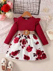 Children Girls Fashion Dress Red Long Sleeved Flower Skirt with Belt Birthday Party Wear Autumn Outfits for Girl 1-7 Years