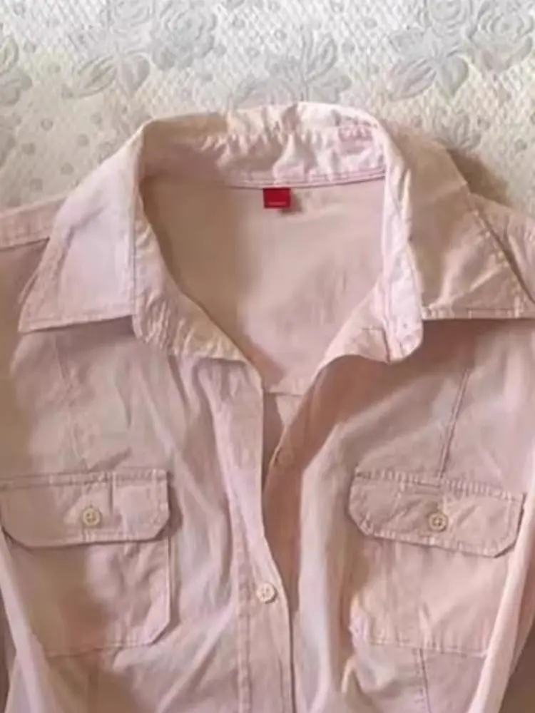 ディープタウン ピンク エステティック 長袖 レディース シャツ ポケット アメリカン ヴィンテージ スリム シック ブラウス ポロカラー ベーシック カジュアル オフィスレディ