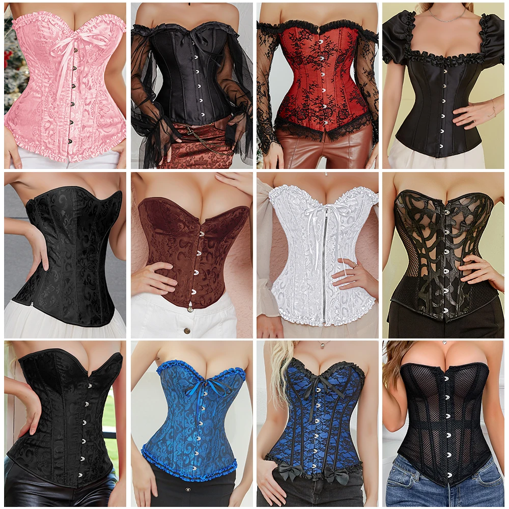 

Women Overbust Corset Lace Up Boned Waist Bustier Top Burlesque Basques Plus Size Shaper Costumes