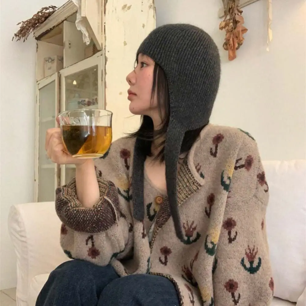 Fashion Ear Flaps Knitted Hat Cold Protection Keep Warm Winter Beanie Cap Breathable Solid Color Ear Protection Hat for Women