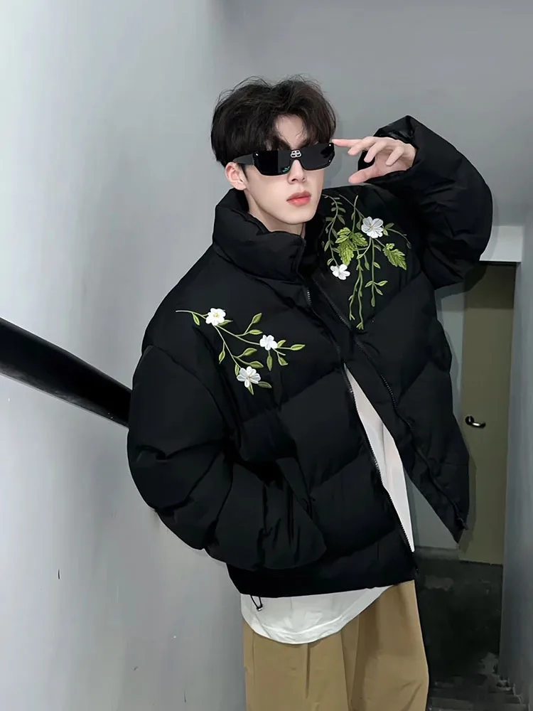 

Retro American Floral Embroidery Stand Collar Cotton Jaet Men's Winter Thi Warm ort Bread Sle Bla Cotton Coat