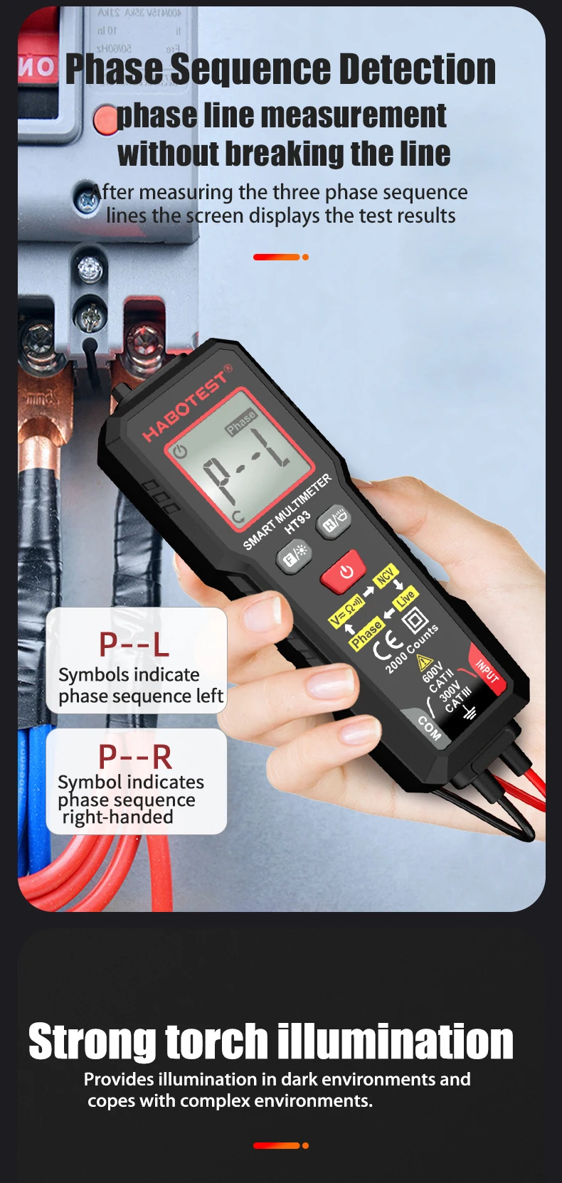 HABOTEST DC Voltage Tester Detector Multimeter 2000 Display Non-Contact Electric Pen Dual Range Live Wire Test Ohm Hz NCV Meter