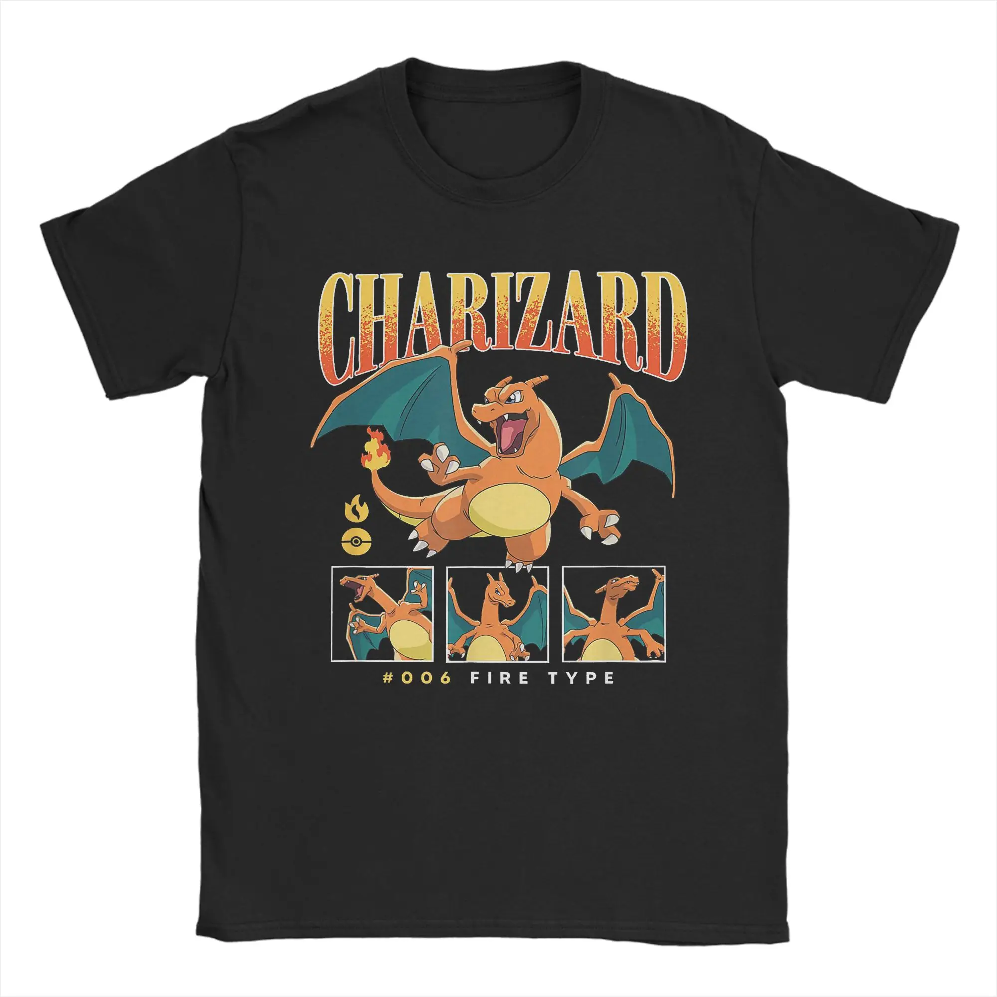

Vintage Pokemoned Charizard Multiple Poses T-Shirt Men Cotton Short Sleeve Crewneck Summer Top Tee