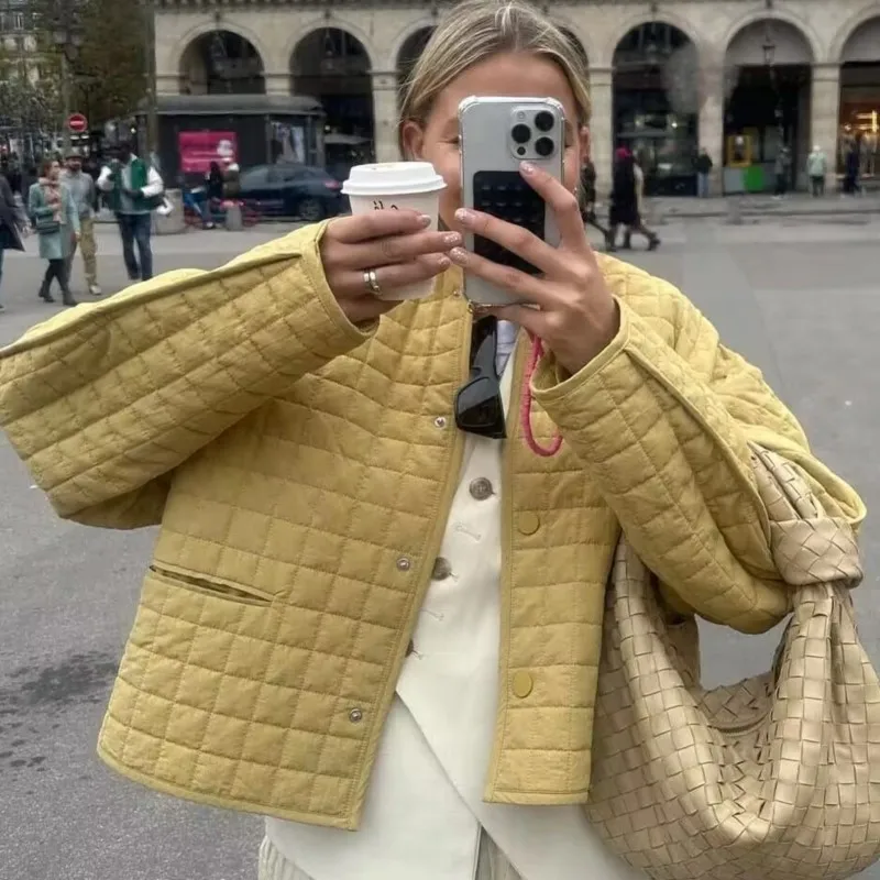 

Womens Winter Korean Retro Round Neck Long Sleeve Single Breasted Plaid Cotton Padded Jacket Outerwear Casual Daily Wear Warm