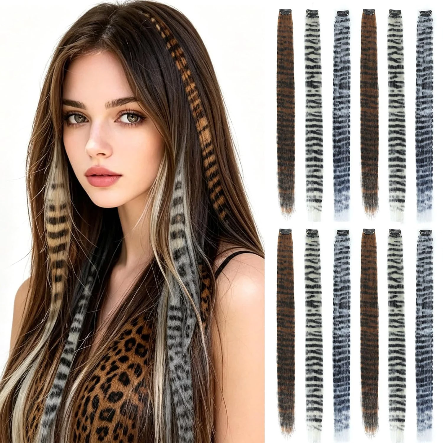 Clip in Hair Extensions, 22 Inch, Brown/Grey/White, Synthetic, Long Straight, Hypoallergenic and Reusable, Volumized Wavy,