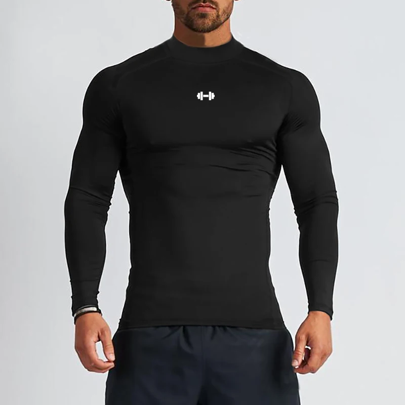 Turtleneck Compression Long T Shirt Mens Skinny Gym Clothing Workout Tees Shirt Autumn Bodybuilding Fitness Tight Sports Tops