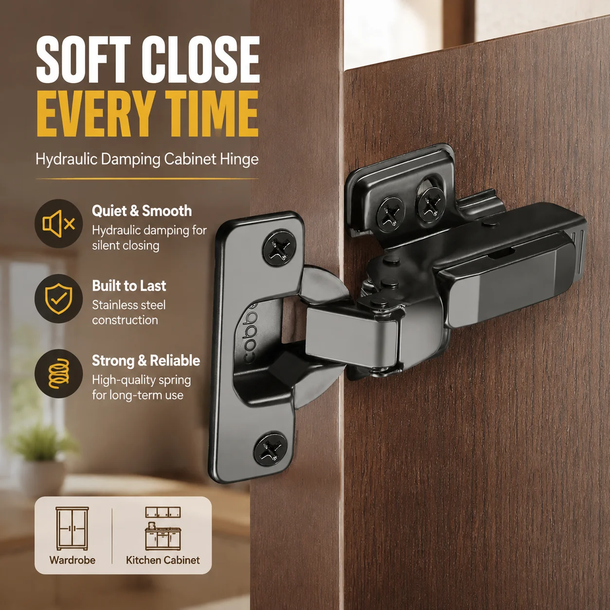 Cabinet Hinge Hydraulic Damping Soft Close Buffered Stainless Steel Spring Hinge for Wardrobe Kitchen Cabinet
