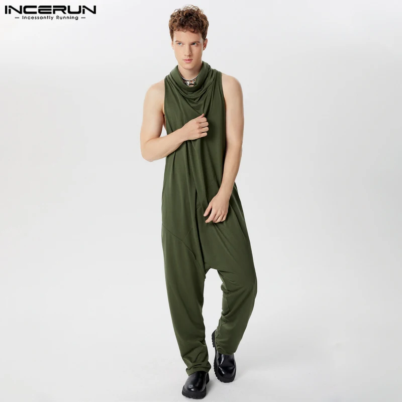 INCERUN 2024 American Style Bodysuits Sexy Men's Swing Collar Design Sleeveless Jumpsuits Summer Solid Simple Male Rompers S-5XL