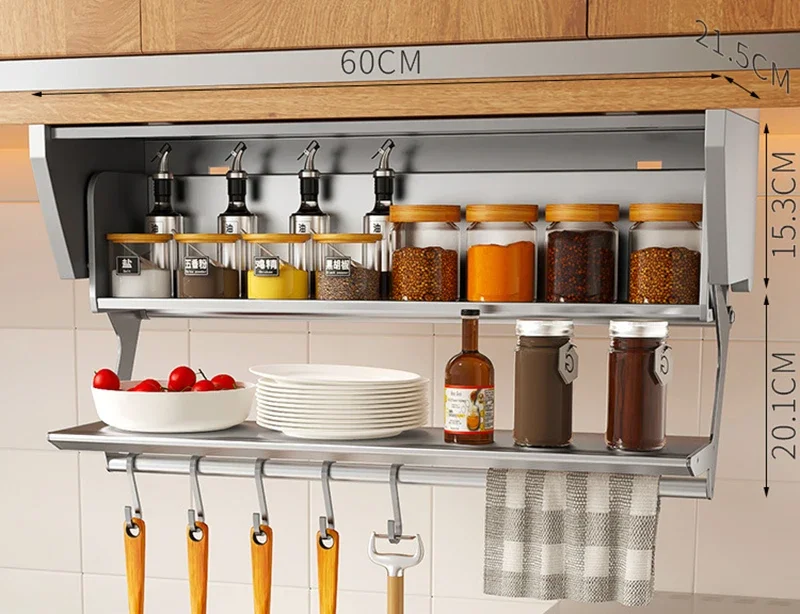 Kitchen Pull-down Folding Condiment Storage Shelf Space Aluminum Wall Hanging Condiment Rack Under The Cabinet Large-capacity