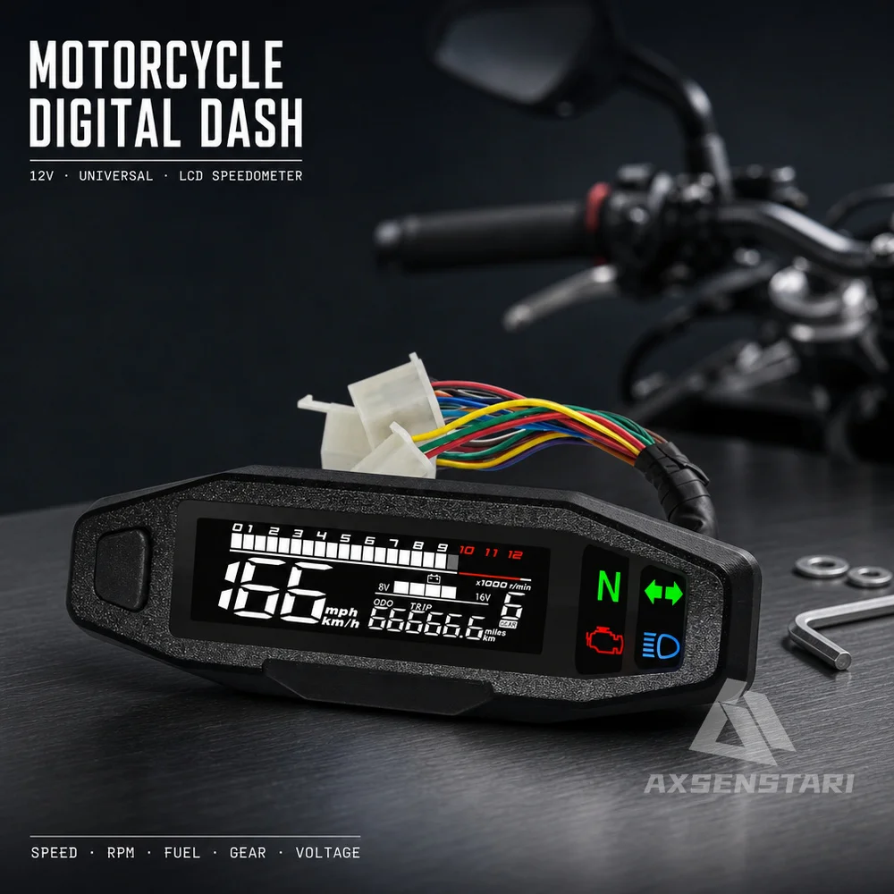 Motorcycle Digital LCD Speedometer Tachometer RPM Gauge 12V Universal Oil Level Voltage Display Adjustable Mini Dash Meter
