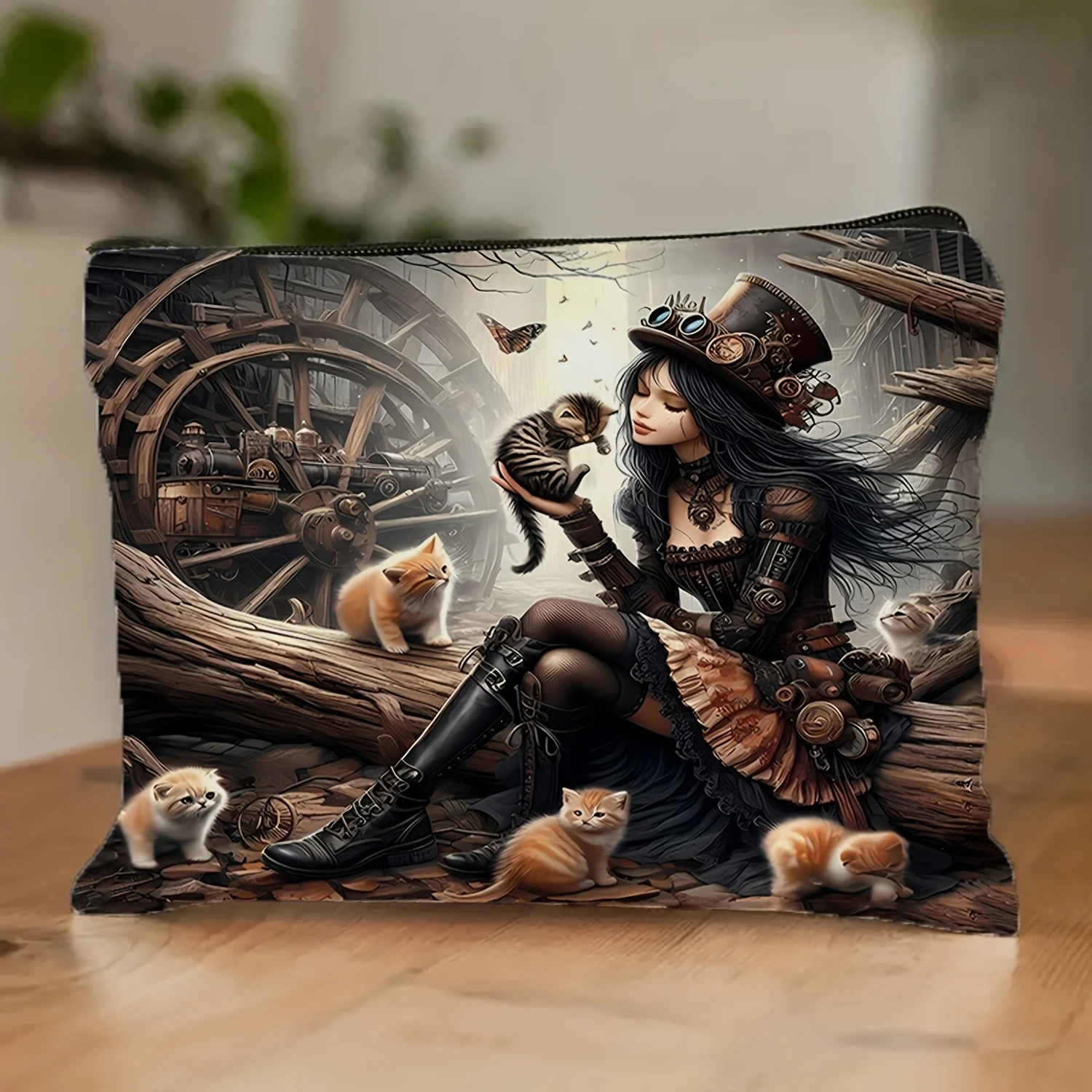 Large Capacity Makeup Bag | Gothic Style Cat & Steampunk Mechanical Design