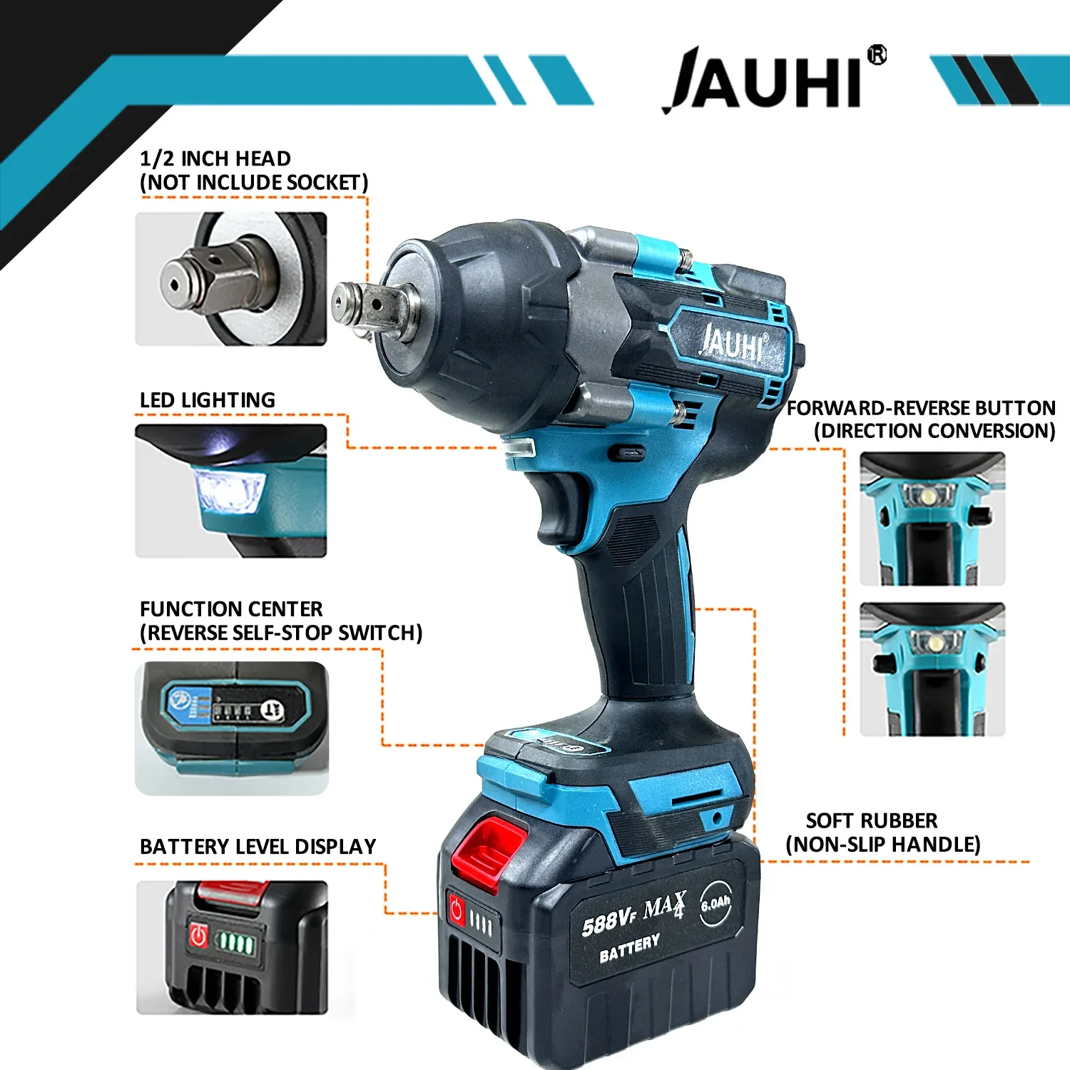 JAUHI 1800N.M Torque Brushless Electric Impact Wrench with 588VF Battery 1/2\