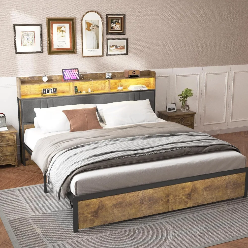 

Bed frame with storage and sockets and USB ports, metal bed frame with bookshelf headboard, no need for a spring mattress