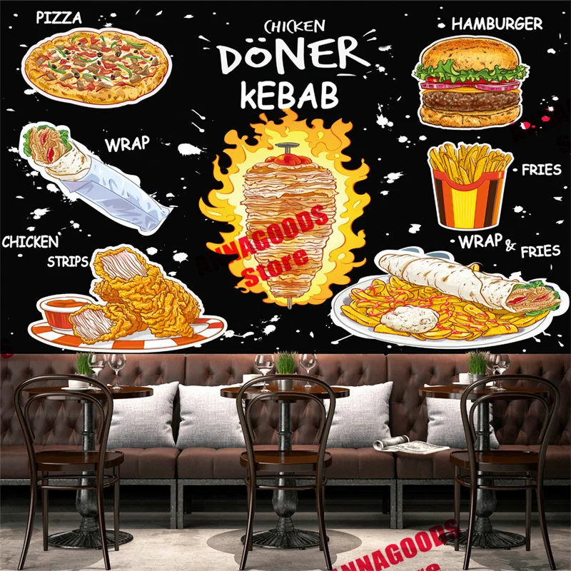 Custom Text Food 3D American Fast Food Mural Wallpaper Chicken Doner Kebab Snack Bar Restaurant Industrial Decor Wall Paper 3D