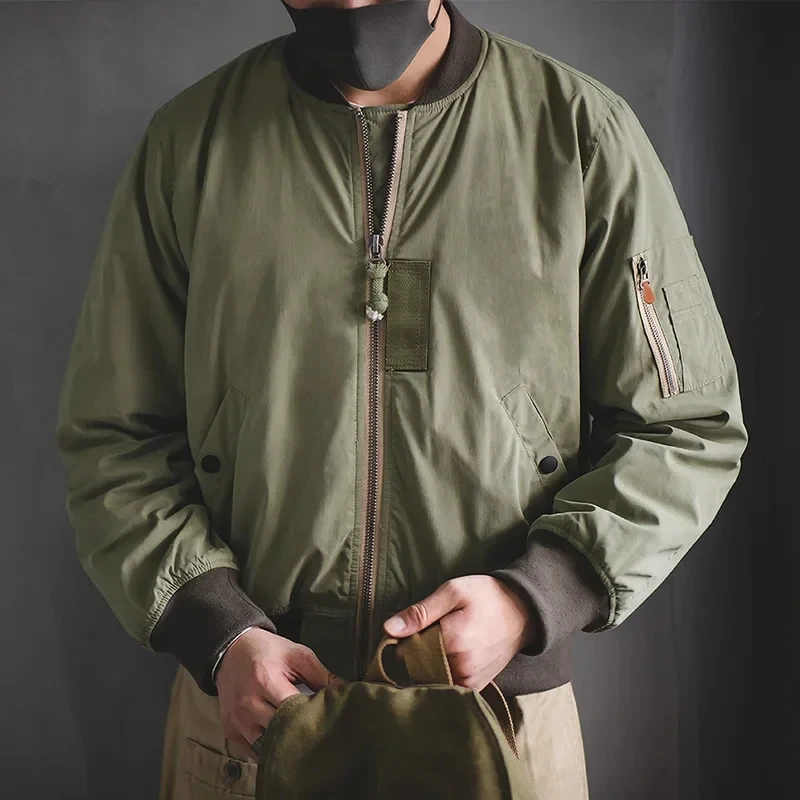 

Maden Retro MA1 Bomber Jacket Thickened Splicing Baseball Flight Coat with Inner Pocket for Men's Winter Cotton Padded Jacket