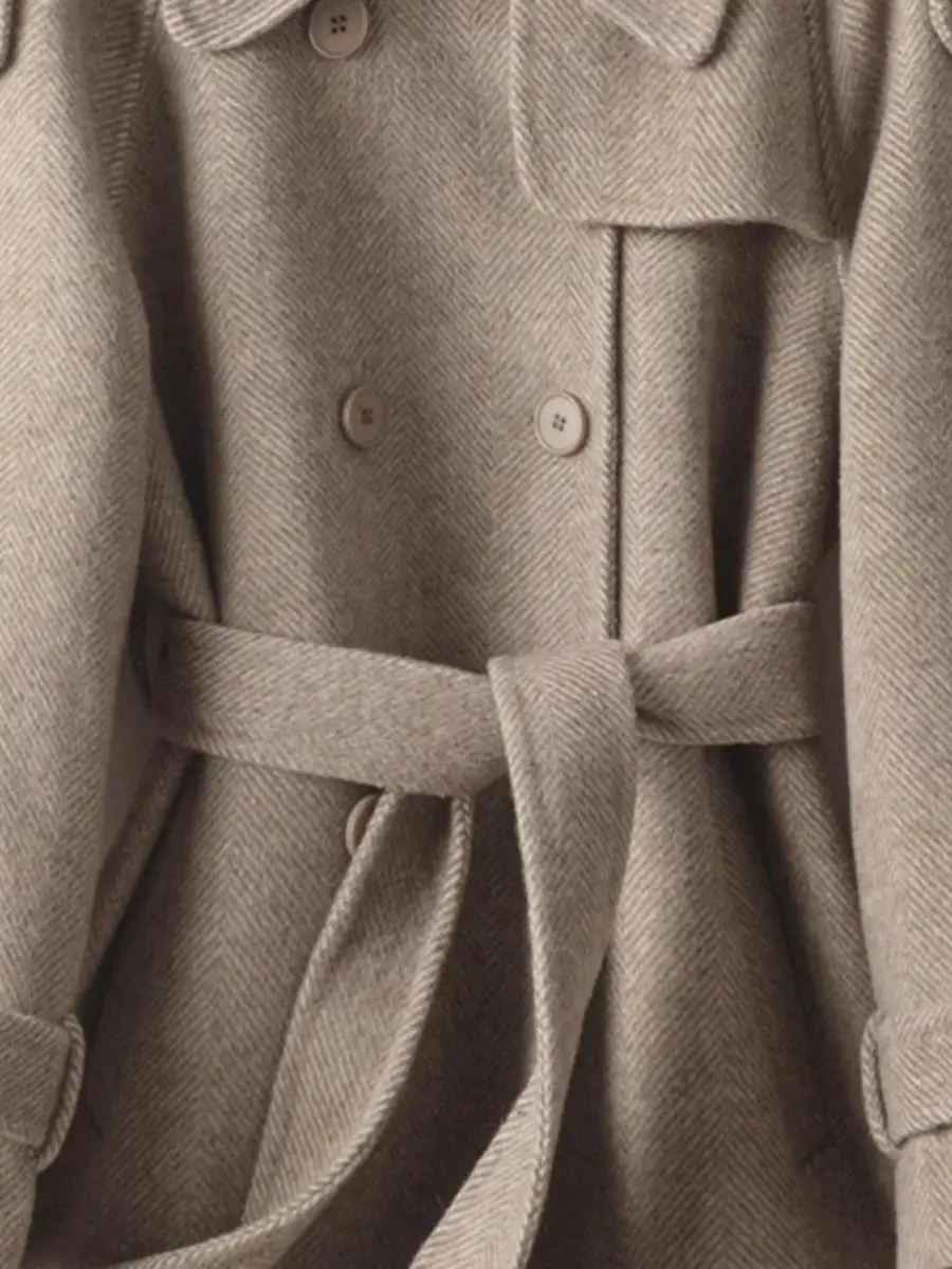 モダンウールコート韓国レトロスタイル人気ポロ襟ミドル丈ベルト付き外ポケットハンカチファッショナブルなアウターウェア