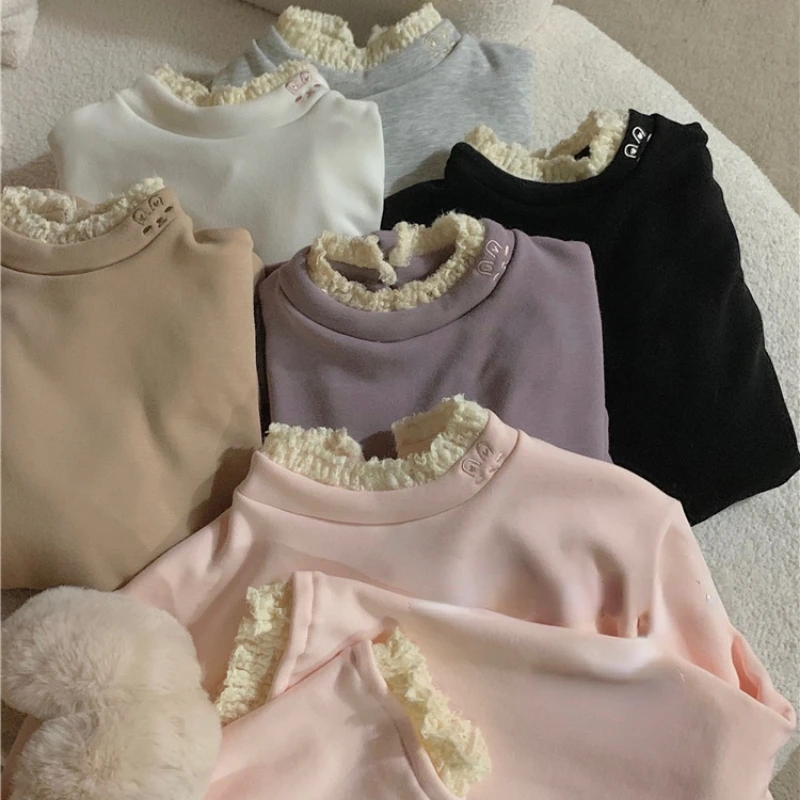 Chic Rabbit Embroidery Fleece Basic Turtleneck T-shirts Women Cute Lolita Lace Long Sleeve T Shirt Girl Harajuku Sweet Tees Top