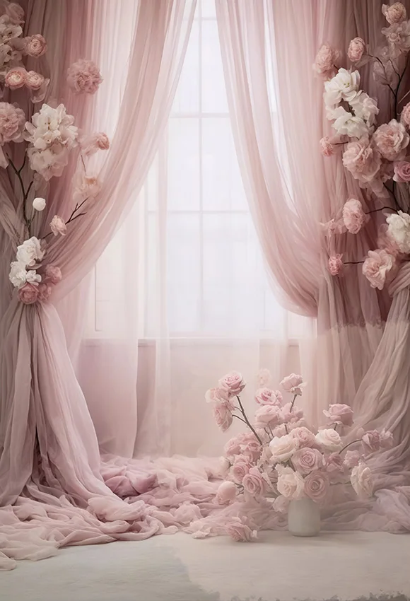 Mehofond Pink Princess Maternity Birthday Wedding Photography Backdrop Flower Window Curtain Girls Decor Photo Background Props