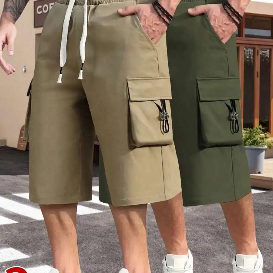 

2pcs Mens Solid Color Cargo Shorts Elastic Drawstring Waist Casual Outdoor Shorts Summer