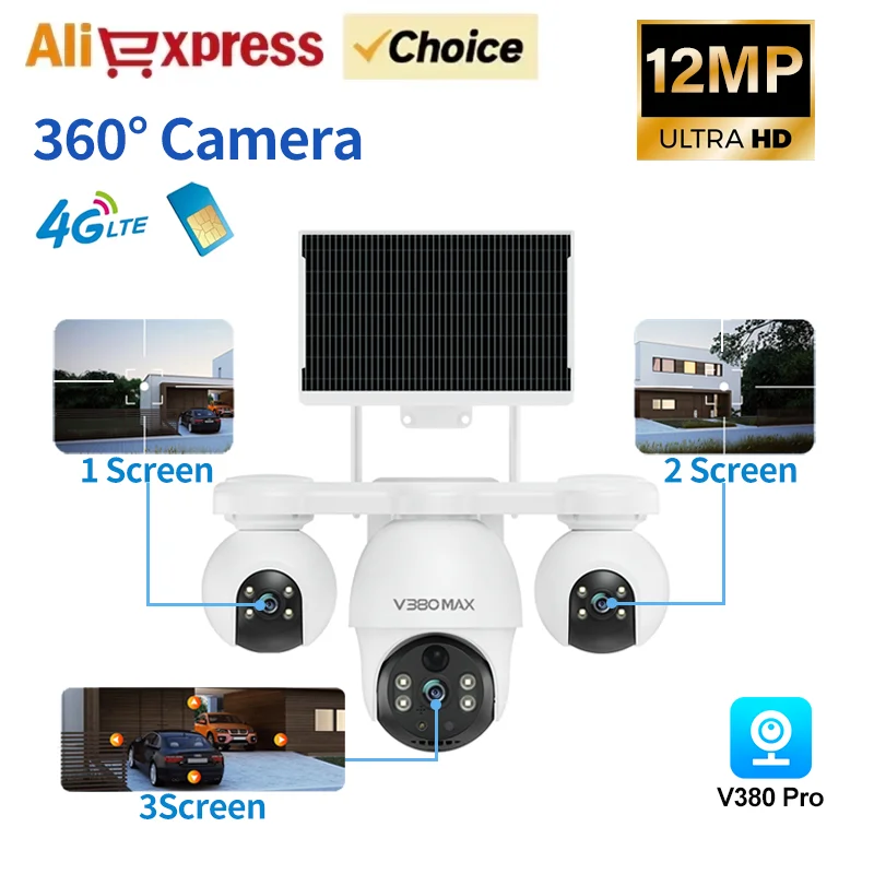 12MP V380 MAX 4G Solar-Powered Security Camera 360° View Full Color Night Vision No WiFi Needed Remote Monitor