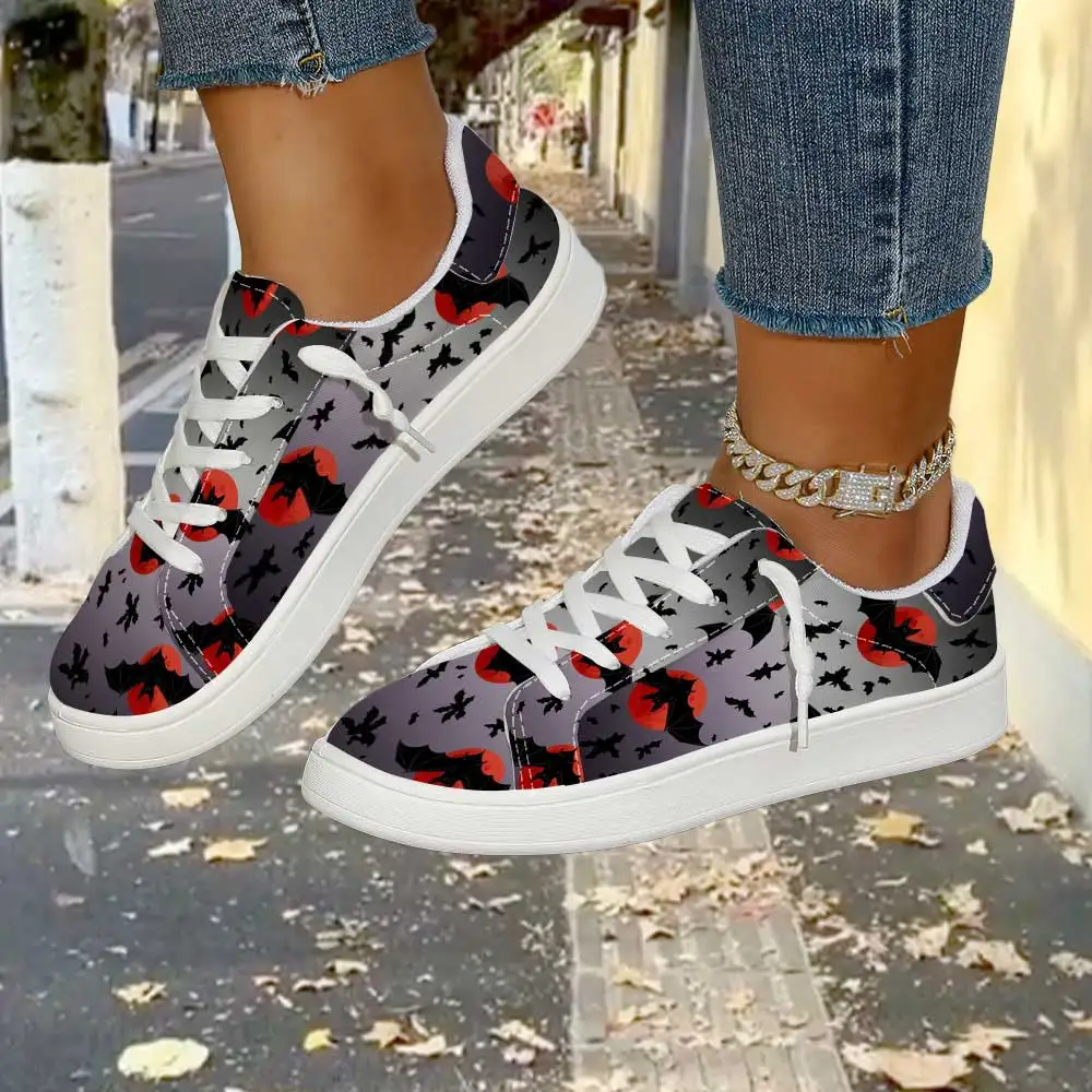 Grey Gothic Red‑Moon‑Bat Women Canvas Sneakers, Lace‑Up Low‑Top Shoes, Spooky Halloween Print Casual Daily Walking Footwear