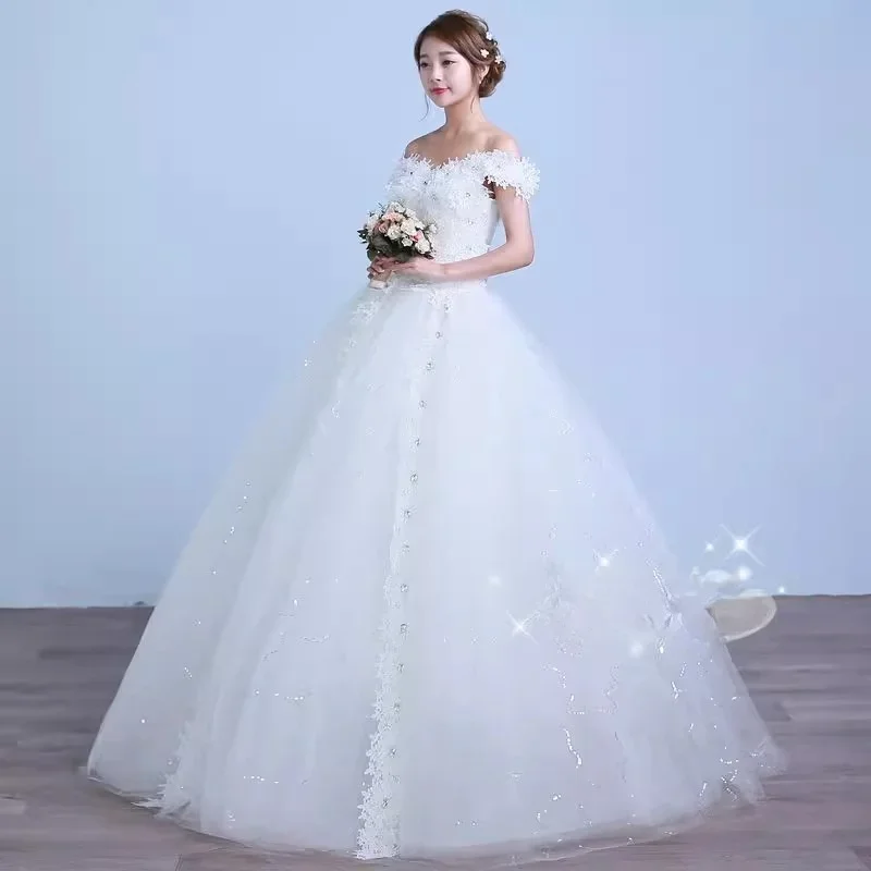 Cheap Wedding Dresses White Floral Off the Shoulder Sequins Bling Princess Simple Floor-length Plus size Bride Ball Gowns XN086