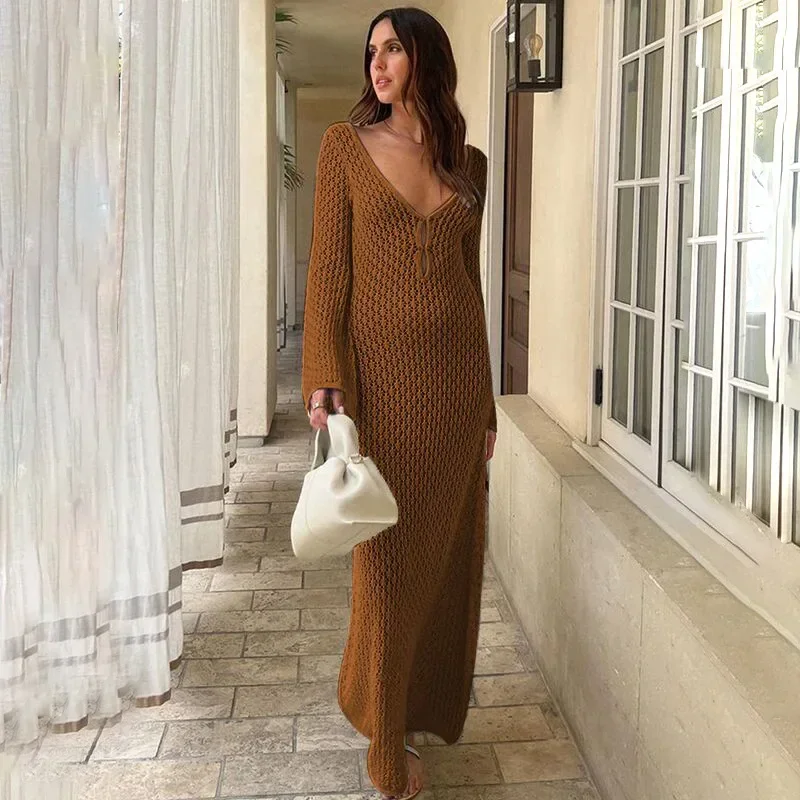 Sexy Women White Long Knit Sleeve Bikin Fashion Cover up Female See-Through Deep V-Neck Hollow-Out Beach Knitwear Backless Dress