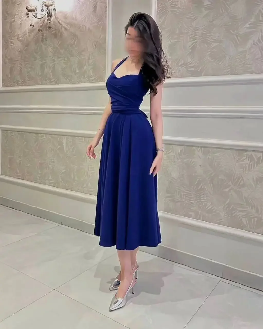 

Royal Blue Prom Dresses Sweetheart Halter Sleeveless Pleated Evening Dresses Tea Length Formal Occasion Party Gowns