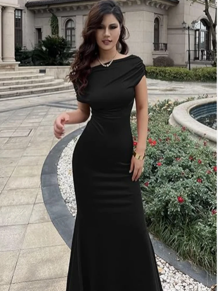 2024 New Women's Elegant Sleeveless Off Shoulder Bodycon Long Formal Party Evening Dress French Solid Skinny Dresses