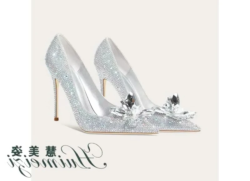 HMZ 2027 Starry Rhinestone Bridal Heels Silver Wedding Shoes Crystal Shoes for Women