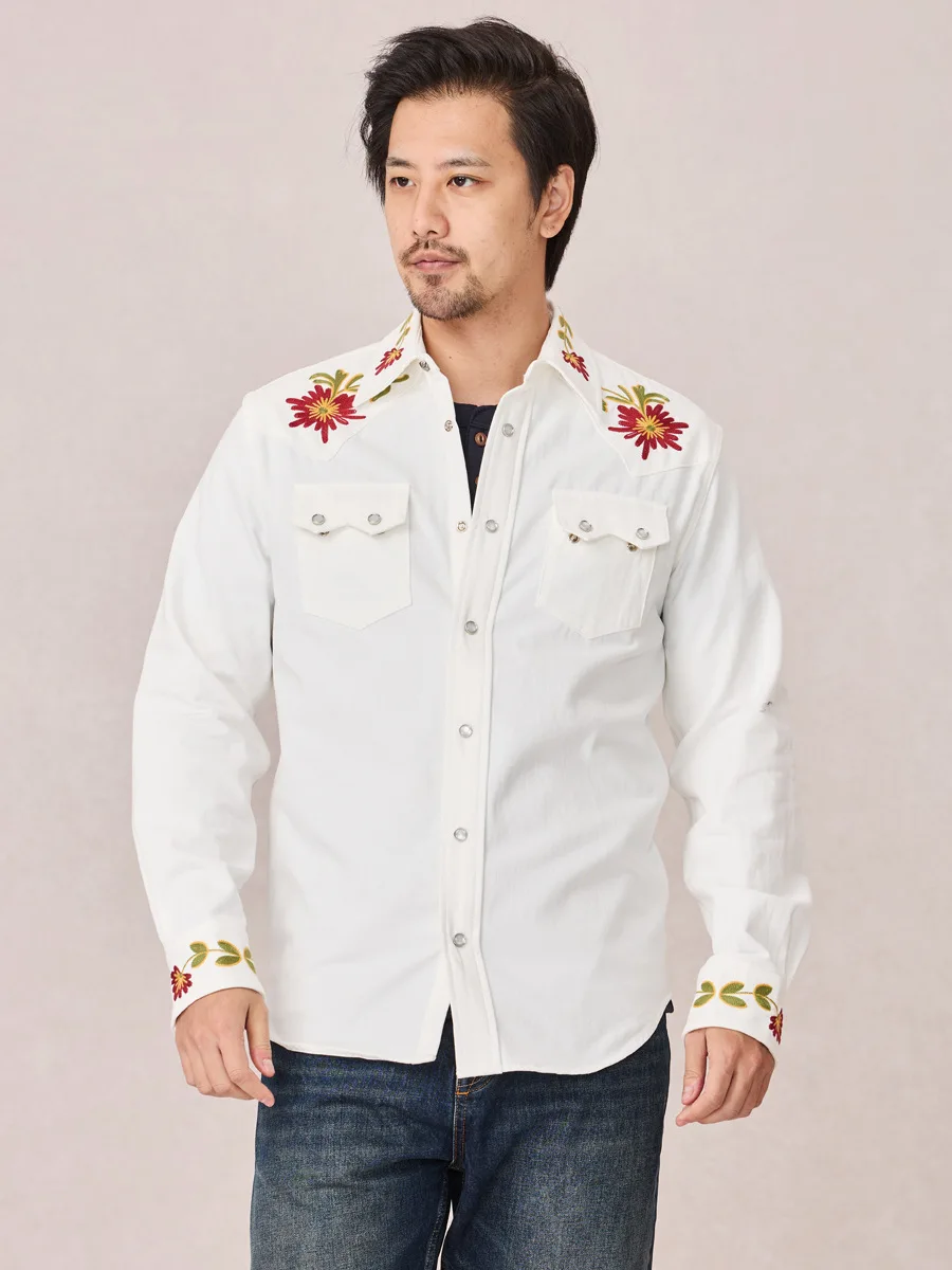 

Retro American Cotton Workwear Embroidered Men's Long Sleeve Denim Shirt Fashionable Urban Style Breathable Comfortable Youth