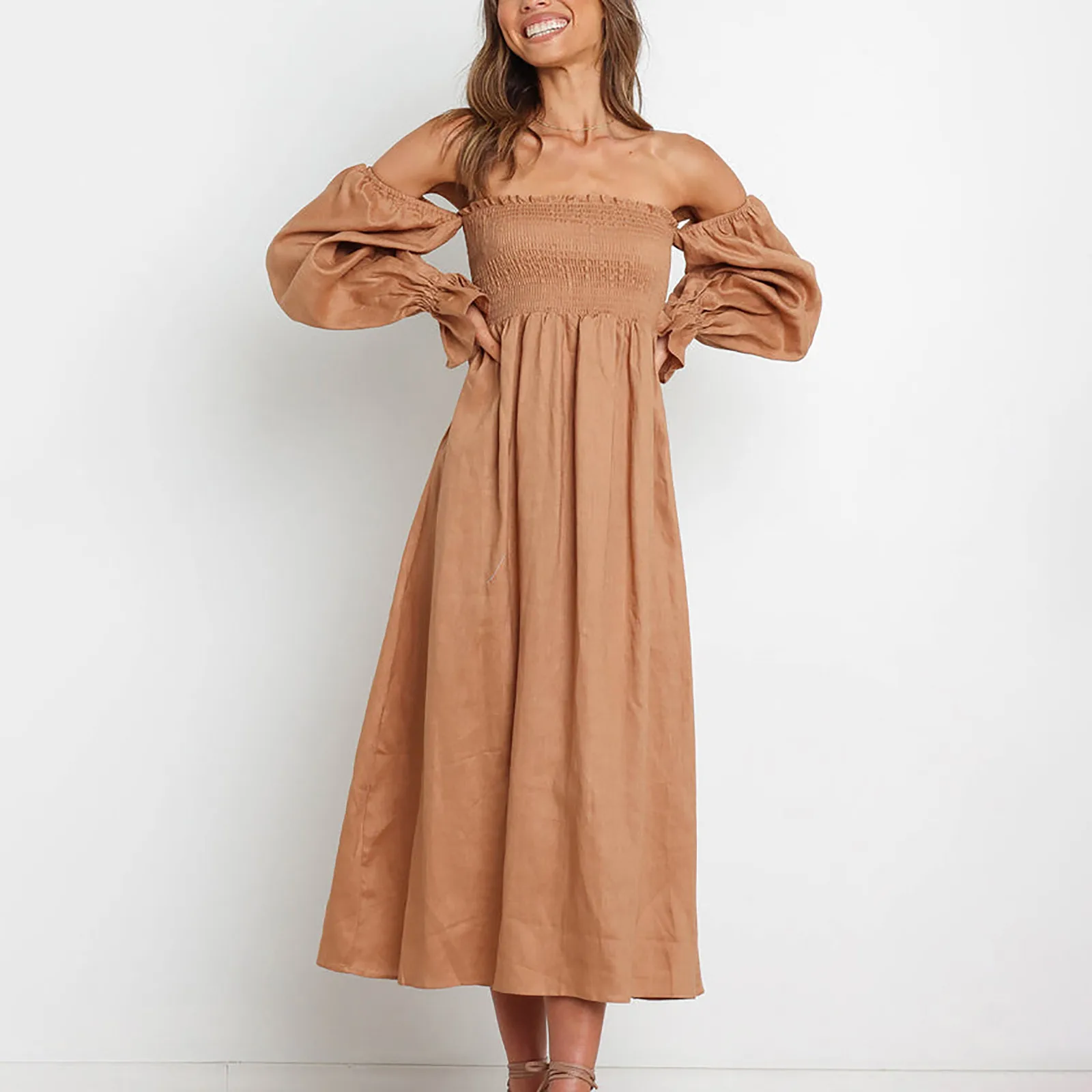 

Summer Dress Women Puff Long Sleeve Solid Color Slash Neck Slim Fit Sexy Long Dresses Casual Elegant Beach Sundress Vestidos