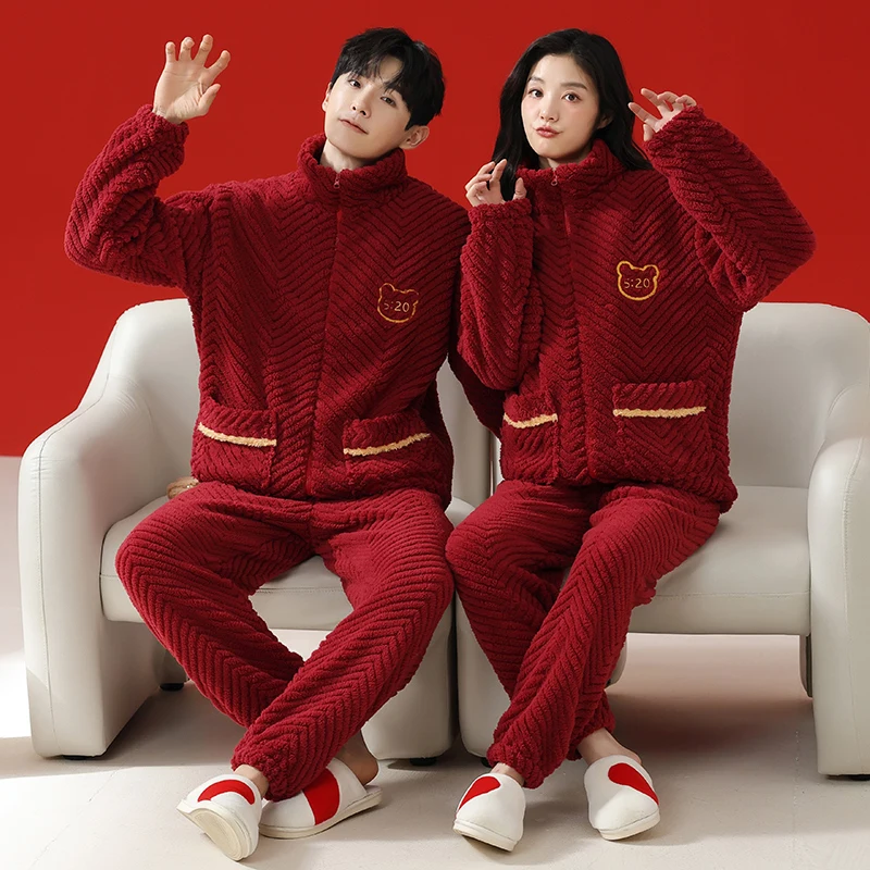 Couple Pajamas Set Winter Women Men Pyjamas Home Suits Flannel Sleepwear