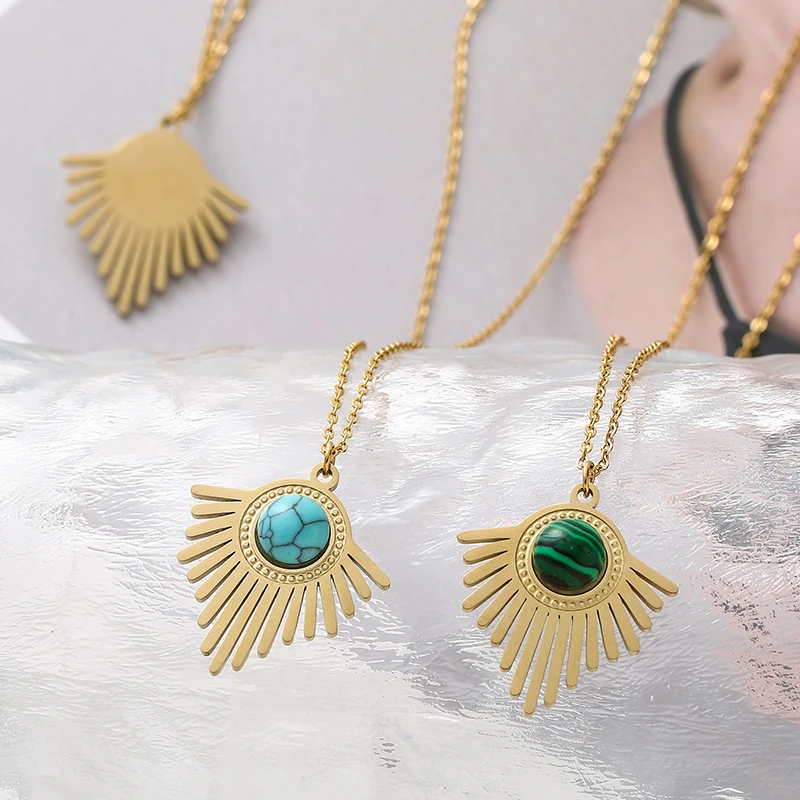 Bohemia Geometric Triangle Natural Stone Pendant Necklace for women Fashion Stainless Steel Oval Charms Jewelry Making Wholesale