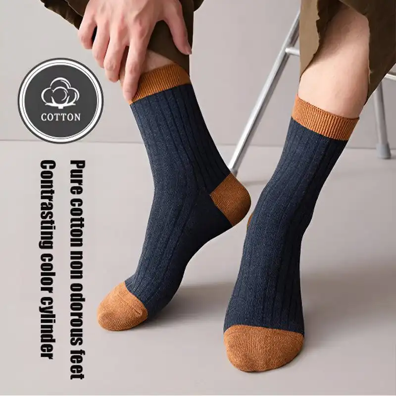 5 Pairs Cotton In Tube Socks Mid-calf Sweat-absorbent Breathable Crew Socks Comfortable Color Blocking Socks