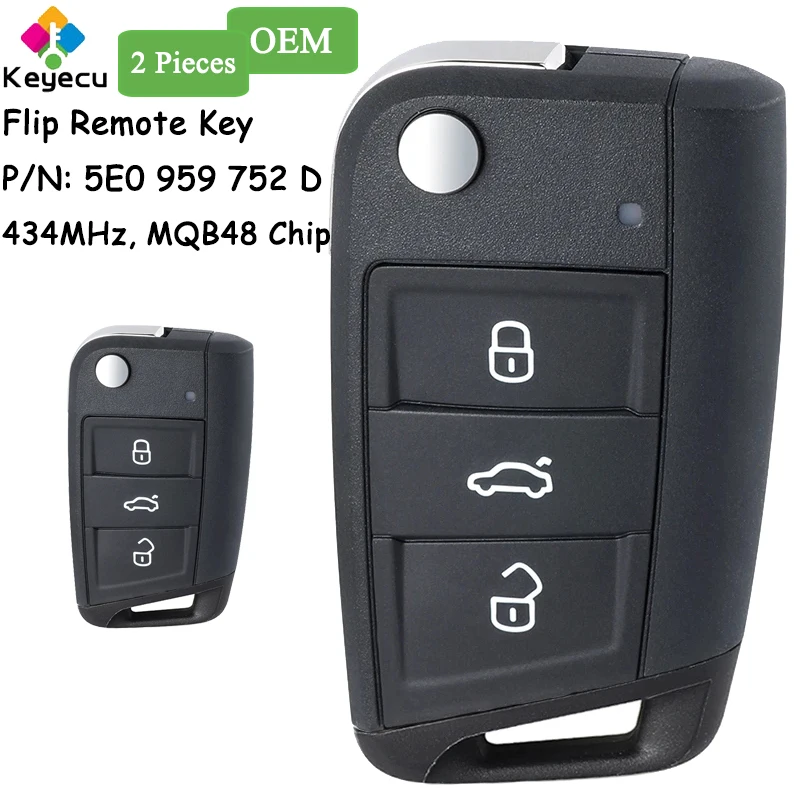 KEYECU 2 Pieces OEM Flip Remote Car Key With 3 Buttons 434MHz MQB48 Chip for Skoda Rapid Octavia MK3 2013+ Fob PN: 5E0 959 752 D