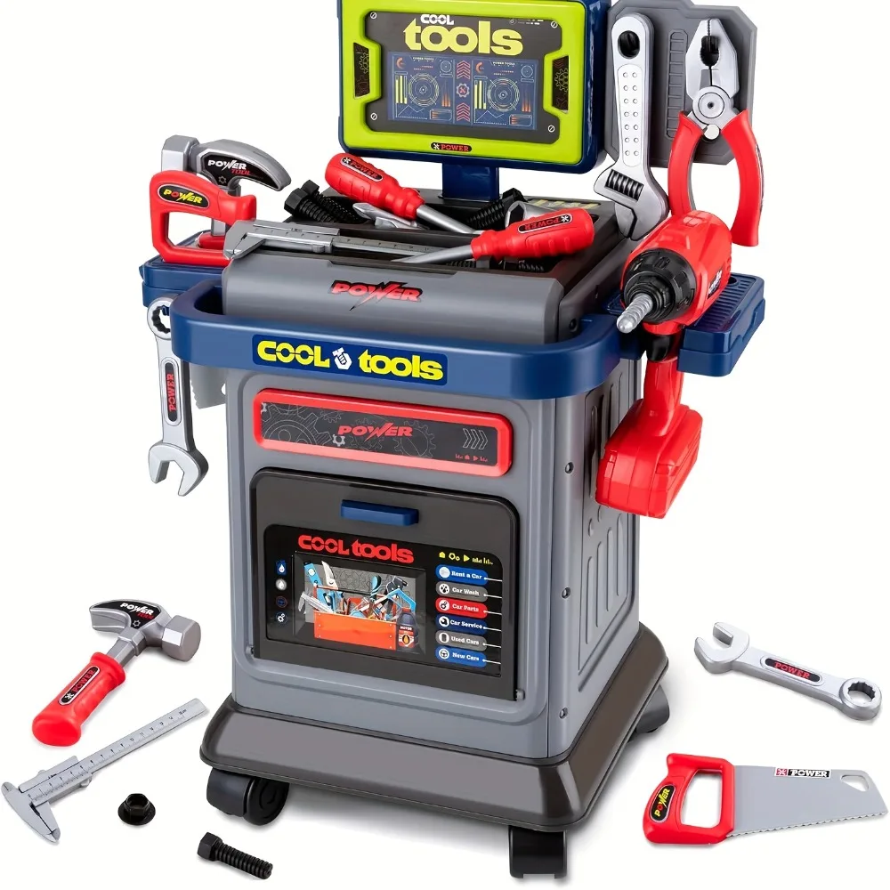 مجموعة عربة أدوات الأطفال مع مثقاب كهربائي لعبة منضدة البناء للأطفال الصغار هدية عيد الميلاد للأولاد