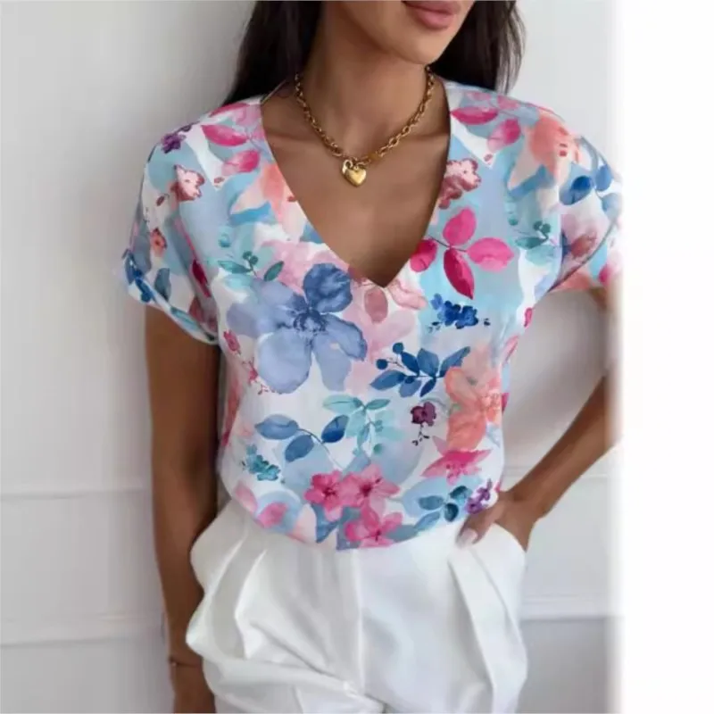 Summer Fashion Froal Printed V-neck Loose Short Sleeved Shirt For Women Casual Pullvoer Office Blouse Top Femme Blusas Camicette