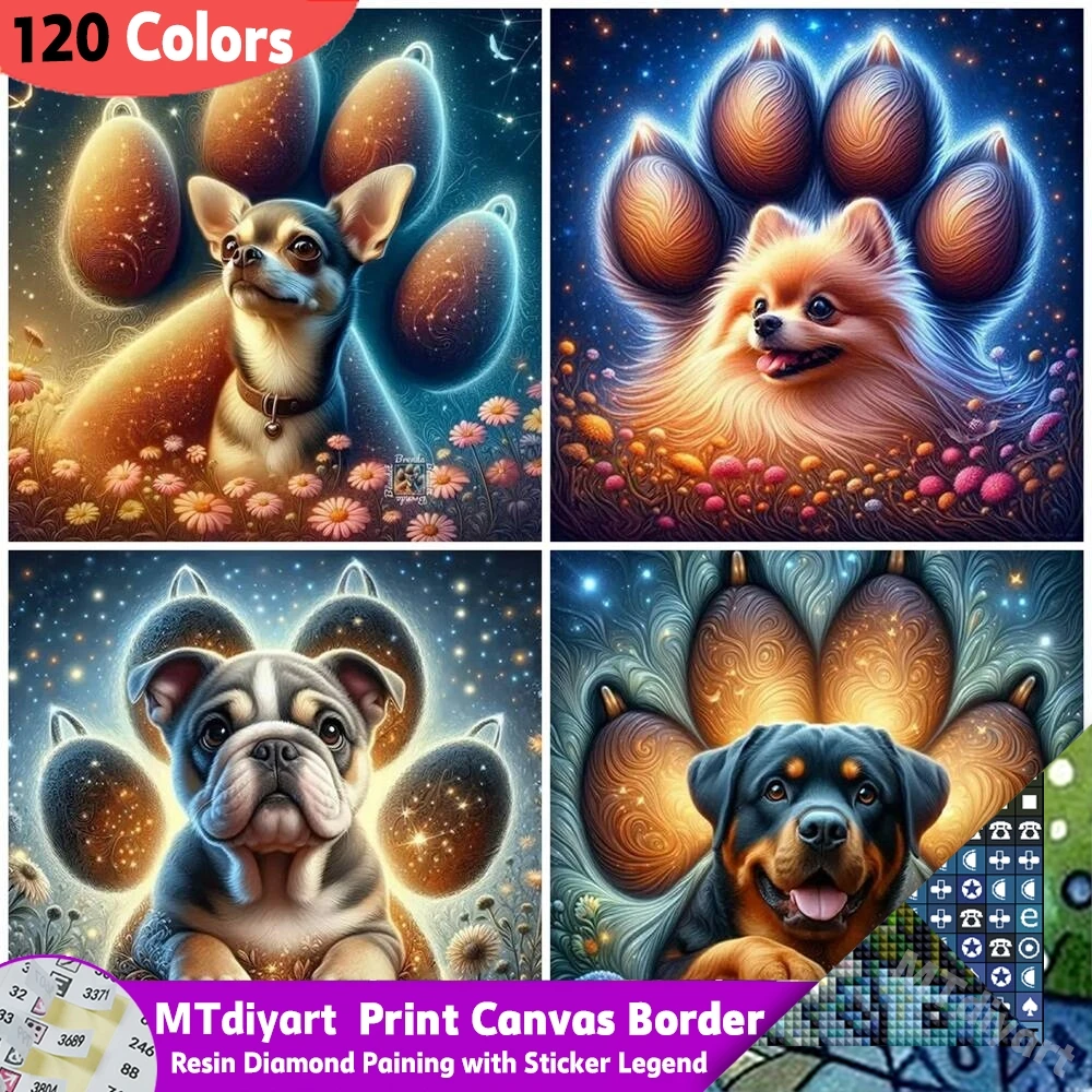 120 Farben Harz-Symbol-Aufkleber für Diamantmalerei auf bedruckter Leinwand, mit Rand, Stern, Pfote, niedlichem Welpen- und Hundeporträt, vollflächig bestickt, für Haustier-Bastelarbeiten