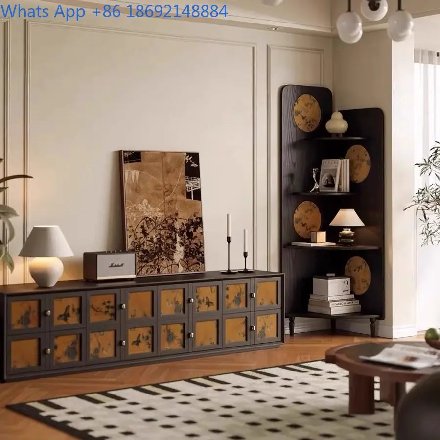 Vintage Style Triangle Cabinet Living Room Retro Corner Storage Cabinet Solid Wood Shelf Screen Display Cabinet