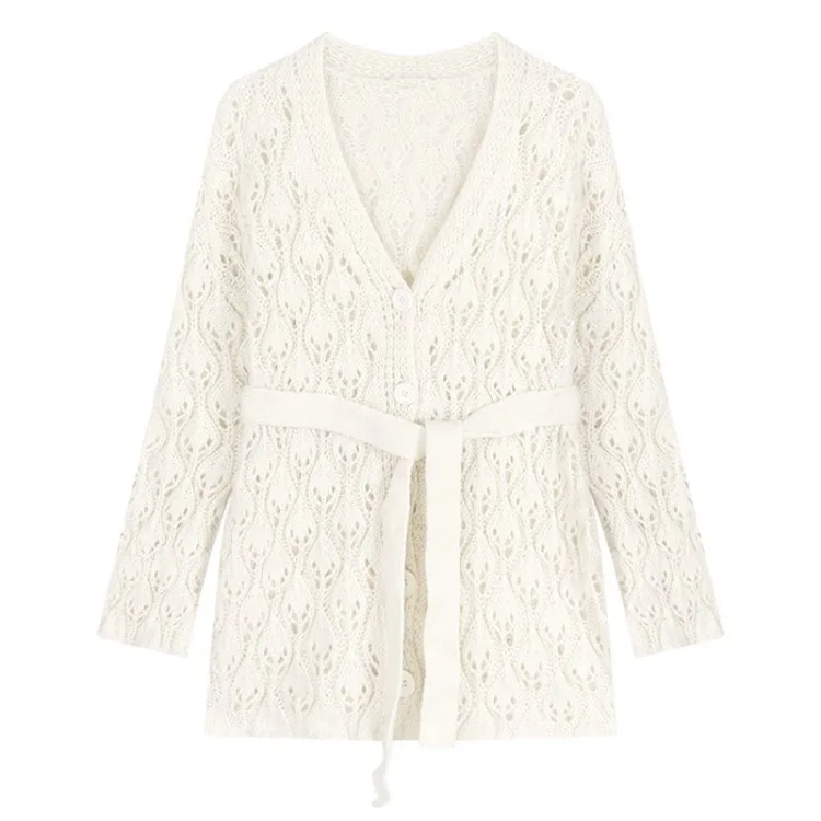 Kortice-Cardigan Epo paresseux à col en V pour femmes, vêtements de printemps et d'automne, pull doux à lacets, conception de taille, fouet creux, manteau supérieur