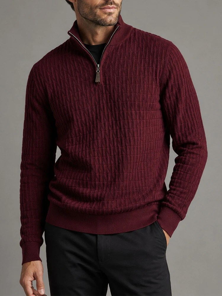 2026 Fall Winter Textured Knit Sweater Polo Shirts Mens Slim Fit Half‑Zip Stand Collar Long Sleeve Daily Pullover For Men